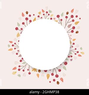 Herbsthintergrund. Handgezeichnete Elemente Rahmen mit herbstlichen Farben auf cremefarbenen Hintergrund. Früchte, Samen, Blumen, Blätter, Pilze, Ast, Eicheln um Stock Vektor