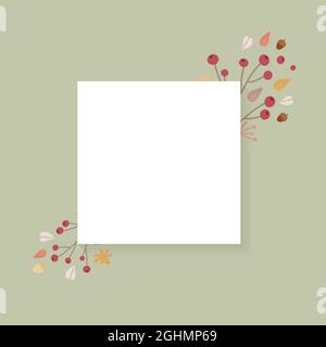 Herbsthintergrund. Handgezeichneter Rahmen mit herbstlichen Farben auf grünem Hintergrund. Früchte, Samen, Blumen, Blätter, Pilze, Ast, Eicheln um Stock Vektor