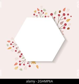 Herbsthintergrund. Handgezeichnete Elemente Rahmen mit herbstlichen Farben auf cremefarbenen Hintergrund. Früchte, Samen, Blumen, Blätter, Pilze, Ast, Eicheln um Stock Vektor