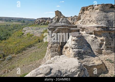 Felsformationen schriftlich über Stone Provincial Park, Alberta, Kanada Stockfoto