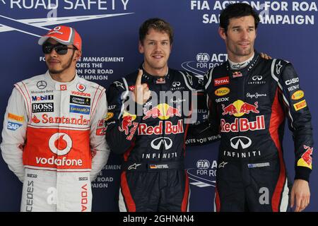 Pole Position für Sebastian Vettel (GER), Red Bull Racing, 2. Für Mark Webber (AUS), Red Bull Racing und 3. Für Lewis Hamilton (GBR), McLaren Mercedes 27.10.2012. Formel-1-Weltmeisterschaft, Rd 17, Großer Preis Von Indien, Neu-Delhi, Indien, Qualifizierender Tag Stockfoto