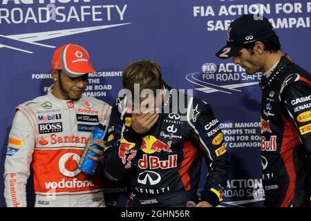 Pole für Lewis Hamilton (GBR), McLaren Mercedes 2. Für Mark Webber (AUS), Red Bull Racing und 3. Für Sebastian Vettel (GER), Red Bull Racing 03.11.2012. Formel-1-Weltmeisterschaft, Rd 18, großer Preis von Abu Dhabi, Abu Dhabi, VAE, Qualifying Day Stockfoto