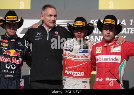1. Platz Lewis Hamilton (GBR), McLaren Mercedes 2. Platz Sebastian Vettel (GER), Red Bull Racing und 3. Platz Fernando Alonso (ESP), Scuderia Ferrari 18.11.2012. Formel-1-Weltmeisterschaft, Rd 19, großer Preis der Vereinigten Staaten, Austin, USA, Wettkampftag Stockfoto