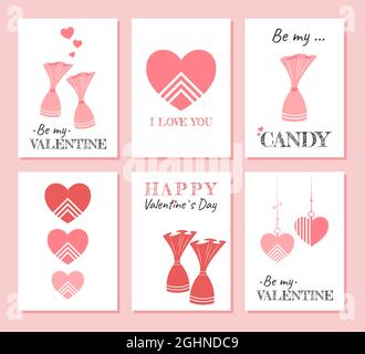 Niedliche Weihnachts-Set von Grußkarten zum Valentinstag. Schöne Postkarten-Vorlagen mit rosa Herzen, Süßigkeiten und Text. Stylische, minimalistische Poster Stock Vektor
