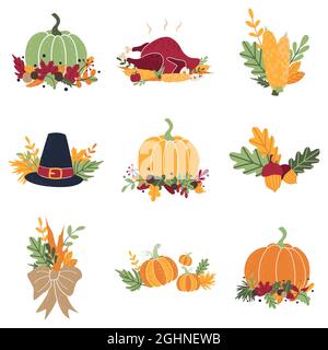 Sammlung von einfachen Doodle flache Cliparts für Thanksgiving, Erntetag, Halloween. Set von Herbst-Cartoon-Sticker mit Kürbissen, truthahn, Mais, Karotten Stock Vektor