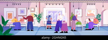 Ältere Menschen besuchen Kunstgalerie gealtert Männer Frauen Besucher sehen Ausstellungen im Museum Alter Konzept Stock Vektor