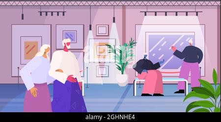 Ältere Menschen besuchen Kunstgalerie gealtert Männer Frauen Besucher sehen Ausstellungen im Museum Alter Konzept Stock Vektor