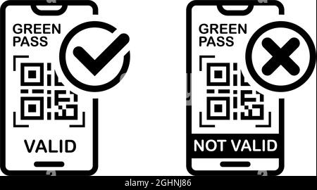 Digital Green Pass-Symbole gültig und ungültig. Zugang zur Freizügigkeit während der Coronavirus-Pandemie. Strichgrafikvektor auf transparentem Hintergrund. Stock Vektor