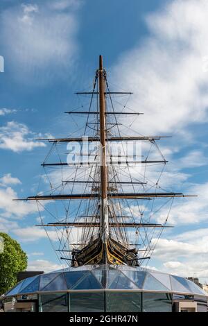 Altes Segelschiff, Ausstellungsschiff mit Museum, The Tea Clipper Cutty Sark, Greenwich, London, England, Großbritannien Stockfoto