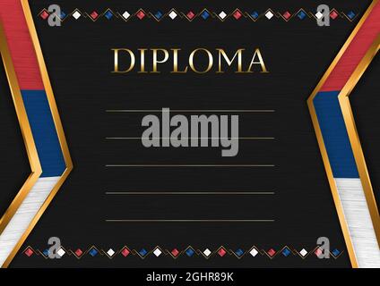 Horizontaler Rahmen und Rahmen auf schwarzem Metall-Hintergrund, mit Farben der Flagge Serbiens, Schablonenelemente für Ihr Zertifikat und Diplom. Vektor. Stock Vektor
