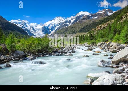 Morteratschtal, Piz Palue, 3905 m, Piz Bernina, 4049 m, Biancograt, Morteratschgletscher, Graubünden, Schweiz Stockfoto