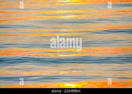 Sonnenstrahlen reflektieren bei Sonnenaufgang auf der Wasseroberfläche des Bodensees und bilden ein abstraktes Muster Stockfoto