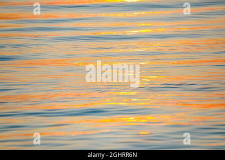 Sonnenstrahlen reflektieren bei Sonnenaufgang auf der Wasseroberfläche des Bodensees und bilden ein abstraktes Muster Stockfoto