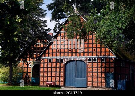 Fachwerkgebäude, Innenhof eines Rundling-Dorfes im Wendland, Niederdeutsches Hallenhaus, Niedersächsische Elbhochebene, Lüneburger Heide, Grün Stockfoto