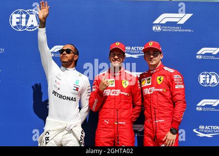 Qualifying Top 3 in Parc Ferme (L bis R): Lewis Hamilton (GBR) Mercedes AMG F1, Zweiter; Sebastian Vettel (GER) Ferrari, Pole Position; Charles Leclerc (MON) Ferrari, Dritter. 08.06.2019. Formel-1-Weltmeisterschaft, Rd 7, Großer Preis Von Kanada, Montreal, Kanada, Qualifizierender Tag. Bildnachweis sollte lauten: XPB/Press Association Images. Stockfoto