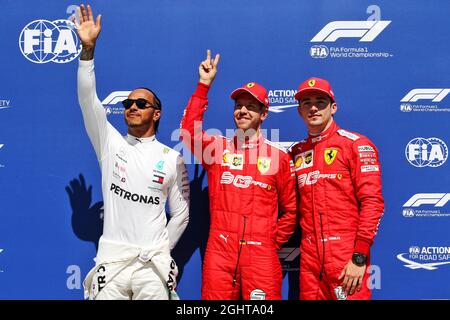 Qualifying Top 3 in Parc Ferme (L bis R): Lewis Hamilton (GBR) Mercedes AMG F1, Zweiter; Sebastian Vettel (GER) Ferrari, Pole Position; Charles Leclerc (MON) Ferrari, Dritter. 08.06.2019. Formel-1-Weltmeisterschaft, Rd 7, Großer Preis Von Kanada, Montreal, Kanada, Qualifizierender Tag. Bildnachweis sollte lauten: XPB/Press Association Images. Stockfoto