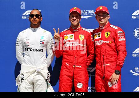 Qualifying Top 3 in Parc Ferme (L bis R): Lewis Hamilton (GBR) Mercedes AMG F1, Zweiter; Sebastian Vettel (GER) Ferrari, Pole Position; Charles Leclerc (MON) Ferrari, Dritter. 08.06.2019. Formel-1-Weltmeisterschaft, Rd 7, Großer Preis Von Kanada, Montreal, Kanada, Qualifizierender Tag. Bildnachweis sollte lauten: XPB/Press Association Images. Stockfoto