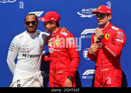 Qualifying Top 3 in Parc Ferme (L bis R): Lewis Hamilton (GBR) Mercedes AMG F1, Zweiter; Sebastian Vettel (GER) Ferrari, Pole Position; Charles Leclerc (MON) Ferrari, Dritter. 08.06.2019. Formel-1-Weltmeisterschaft, Rd 7, Großer Preis Von Kanada, Montreal, Kanada, Qualifizierender Tag. Bildnachweis sollte lauten: XPB/Press Association Images. Stockfoto