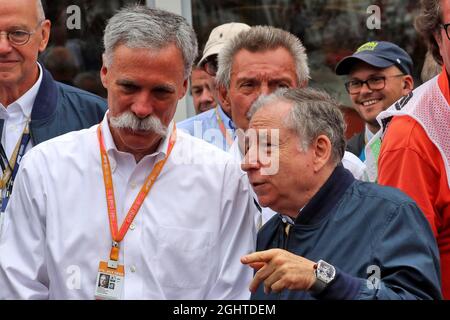 (L bis R): Chairman der Formel-1-Gruppe von Chase Carey (USA) mit Jean Todt (FRA) FIA-Präsident. 28.07.2019. Formel 1 Weltmeisterschaft, Rd 11, Großer Preis Von Deutschland, Hockenheim, Deutschland, Wettkampftag. Bildnachweis sollte lauten: XPB/Press Association Images. Stockfoto
