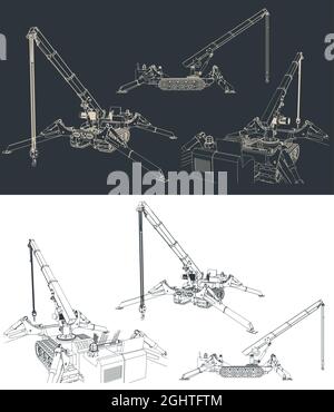 Stilisierte Vektordarstellung isometrischer Blaupausen des Mini-Krans Stock Vektor