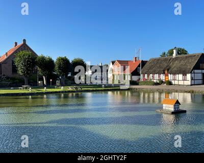 Entenhaus im Dorfteich, Nordby, Samsoe, Jütland, Dänemark Stockfoto