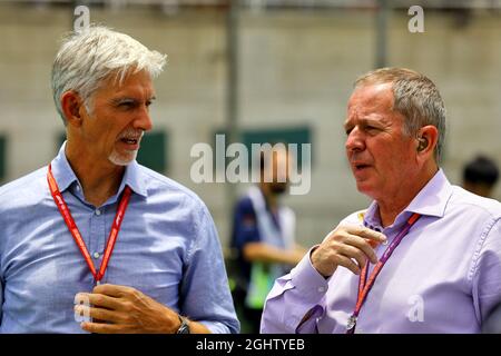 (L bis R): Damon Hill (GBR) Sky Sports-Moderator mit Martin Brundle (GBR) Sky Sports-Kommentator. 17.11.2019. Formel-1-Weltmeisterschaft, Rd 20, Großer Preis Von Brasilien, Sao Paulo, Brasilien, Wettkampftag. Bildnachweis sollte lauten: XPB/Press Association Images. Stockfoto