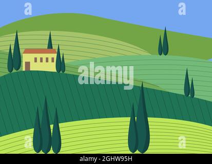 Italienische Landschaft mit grünen Feldern, Haus und Pinien. Vektorgrafik. Stock Vektor