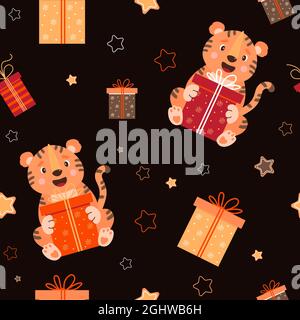Nahtloses Muster mit Tigern. Niedliches gestreiftes Tier sitzt mit einem großen Geschenk auf schwarzem Hintergrund mit Sternen und Schachteln mit Geschenken. Vektorgrafik für Deko Stock Vektor