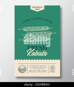 Farm gewachsen Fleisch Abstrakt Vektor Verpackung Design oder Label. Modernes Typografie-Banner, Handgezeichnete Kebab Silhouette. Hintergrundlayout Für Farbpapier Stock Vektor