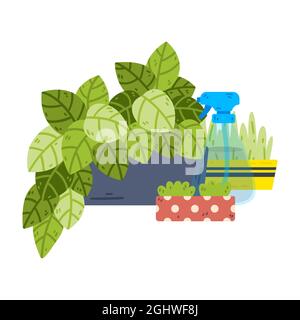 Topfpflanzen. Sprühflasche für Wasser. Innen- und Außenanlagen Garten Topfpflanzen. Home Hobby Gartenarbeit Inventar. Vektorobjekte isoliert Stock Vektor