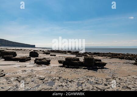 Eine Küstenlandschaft mit riesigen Felsplatten am walisischen Strand, der sich auf die ikonische Klippe am nash Point zurückgeht Stockfoto