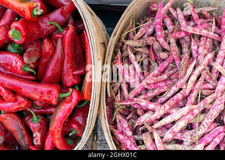 Rosa und weiße Borlotti- oder Cranberry-Bohnen werden mit roten Paprika auf dem Markt gesehen. Stockfoto