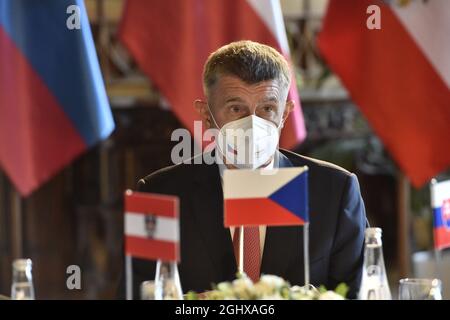 Der tschechische Premierminister Andrej Babis (ANO), im Bild, trifft sich im Slavkov-Format (Austerlitz) mit dem slowakischen Premierminister Eduard Heger und dem österreichischen Bundeskanzler Sebastian kurz am 7. September 2021 in Lednice, Tschechien. (CTK Photo/Vaclav Salek) Stockfoto