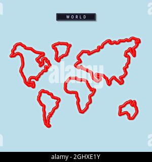 Welt, Kontinente fett umrandet Karte. Glänzender roter Rand mit weichem Schatten. Länderschild. Vektorgrafik. Stock Vektor