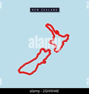 Fettgedruckte Übersichtskarte für Neuseeland. Glänzender roter Rand mit weichem Schatten. Länderschild. Vektorgrafik. Stock Vektor