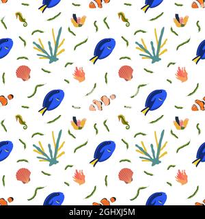 Seetier nahtloses Muster mit Clownfisch und Surgeonfish Koralle und Muschel. Unterwasser Welt Bewohner drucken. Handgezeichnete Unterwasserdarstellung des Lebensvektors. Lustige Cartoon Meerestiere Charakter Stock Vektor