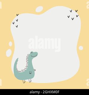 Niedlicher Dinosaurier mit einem Blot-Rahmen im einfachen handgezeichneten Cartoon-Stil. Vorlage für Ihren Text oder Ihr Foto. Ideal für Karten, Einladungen, Partys, Kindergärten Stock Vektor