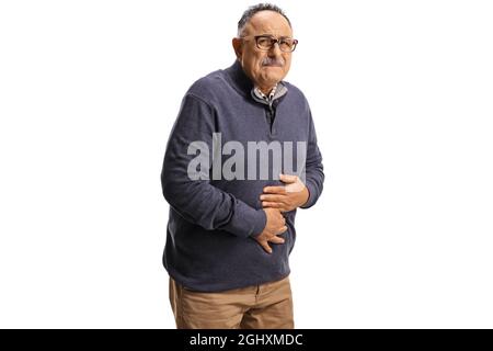 Reifer Mann leidet Bauchschmerzen isoliert auf weißem Hintergrund Stockfoto