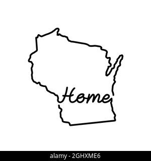 Wisconsin US State Outline Karte mit dem handgeschriebenen WORT ZU HAUSE. Kontinuierliche Linienzeichnung des patriotischen Heimatzeichens. Eine Liebe für eine kleine Heimat. Innenraum d Stock Vektor