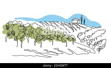 Weinberg Feld einfache Vektor Skizze Illustration. Eine fortlaufende Linie Kunstzeichnung der Landschaft mit wachsenden Trauben. Weingut Farm minimalistische Farbe Stock Vektor