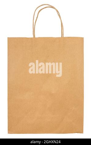 Isolierter Lebensmittelbeutel aus braunem Papier mit Schnurgriffen auf weißem Hintergrund Stockfoto