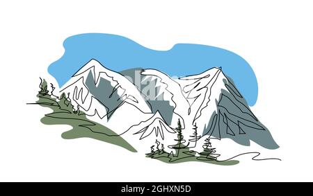 Bergpreaks, blauer Himmel und Bäume. Eine fortlaufende Strichzeichnung. Modernes Einliniendesign, Skizzenvektordarstellung. Berglandschaft Stock Vektor