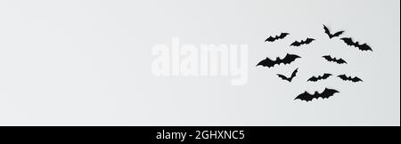 Fröhliches Halloween Banner Design mit Fledermäusen an der weißen Wand. Halloween-Verkaufskonzept. Minimaler Stil, Kopierplatz für Text. Stockfoto