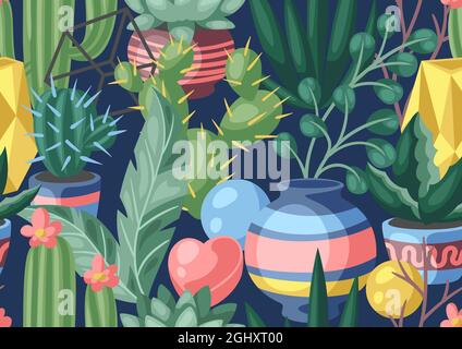 Nahtloses Muster mit Kakteen und Sukkulenten. Dekorative stachelige blühende Kakteen und Pflanzen in Blumentöpfen. Stock Vektor