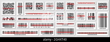 Produkt-Barcodes und QR-Codes mit roter Scanlinie. Identifizierungscode. Seriennummer, Produkt-ID mit digitalen Informationen. Speichern Stock Vektor