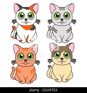 Vier lustige verschiedene Cartoon-Katzen isoliert auf weißem Hintergrund, Farbbild von Haustieren Stock Vektor