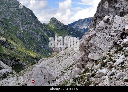 Slowenien, Lepena-Tal, Triglav-Nationalpark. Pfad zum Berg Krn und zum Berg Batognica. Seltsame fingerförmige Felsformationen in der Umgebung von Bergkarst. Das von den Bergen Krn, Batognica und Peski abgegrenzte Gebiet ist ein weites, strenges Hochplateau, auf dem Wege nicht so gut verfolgt werden. Stockfoto