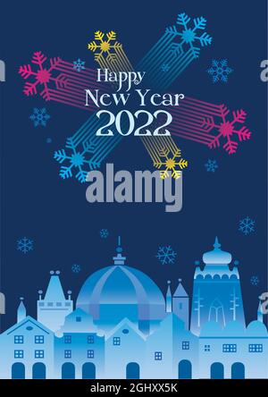 Weihnachten Winter Stadtbild, Happy New Year Schriftzug. Illustration einer magischen historischen Stadt mit Kirchen. Stilisierte Prager Sehenswürdigkeiten. Vektor verfügbar. Stock Vektor