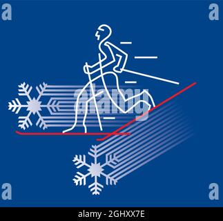 Skilanglauf-Skifahrer mit Schneeflocken-Symbolen. Dekorative Illustration der nordischen Skikonkurrenten. Ski-Wachs-Promotion-Konzept. Vektor verfügbar. Stock Vektor