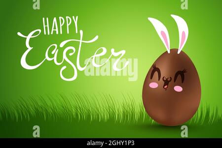 Vektorbeschriftung für Ostern. Vektor-Banner mit Schriftzug Happy Easter und Schokoladenei mit Kawaii Gesicht. Stock Vektor